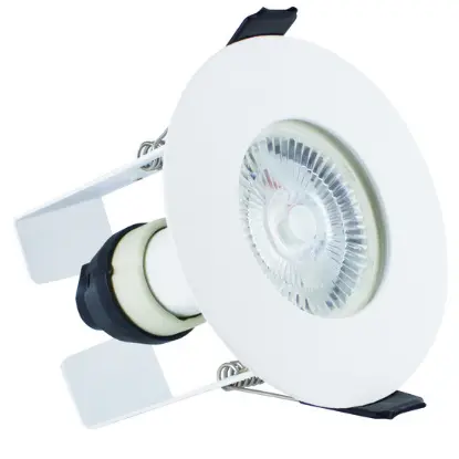 White fire-rated IP65 downlight with GU10 holder and insulation guard for ceilings