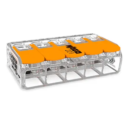 5-conductor compact splicing connector with orange levers for electrical wiring