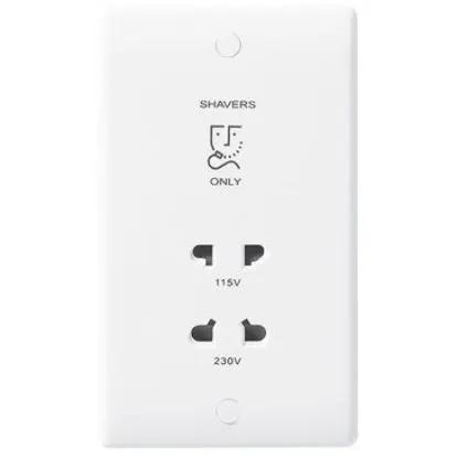 White dual voltage shaver socket with 115V and 230V outlets, wall mounted.