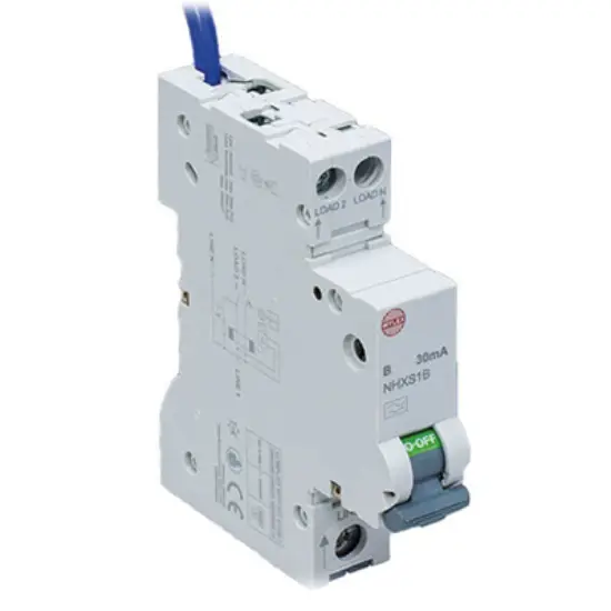 Single pole B curve 6kA RCBO circuit breaker with on-off switch and labelled terminals