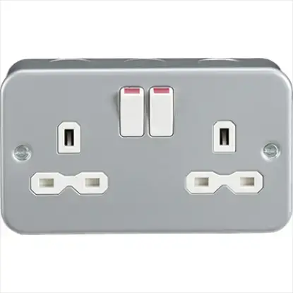 Metal clad 13A 2 gang double pole switched socket with silver finish for UK wiring