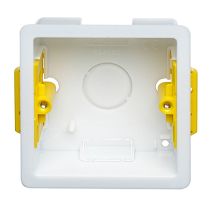 1 gang dry lining electrical back box with yellow clamps, 35mm depth, for socket installation