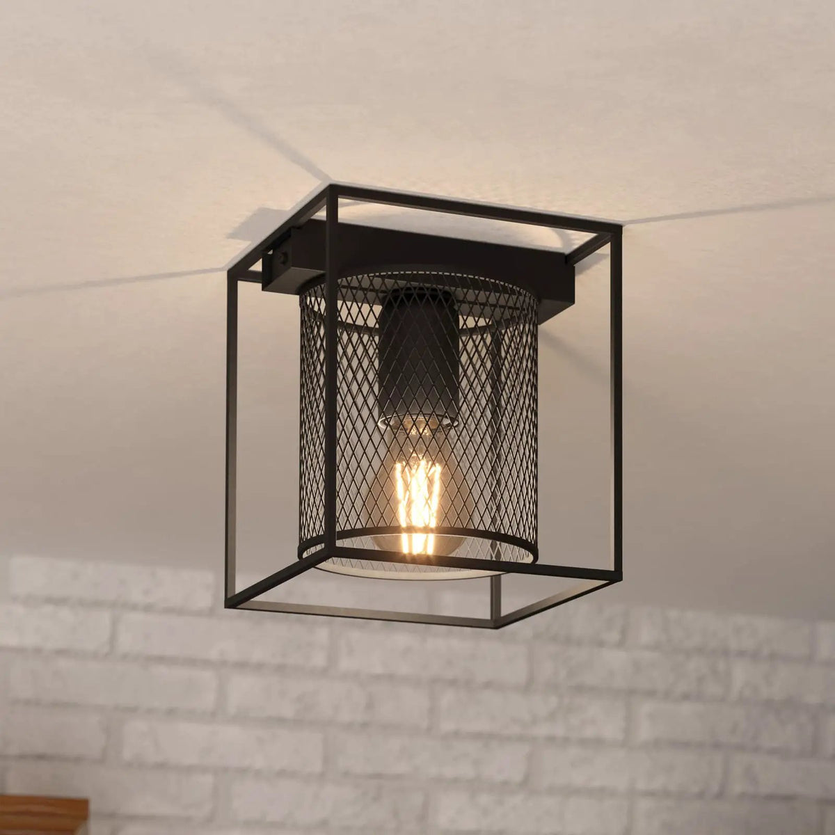 Catterick ceiling light, black, cage lampshade