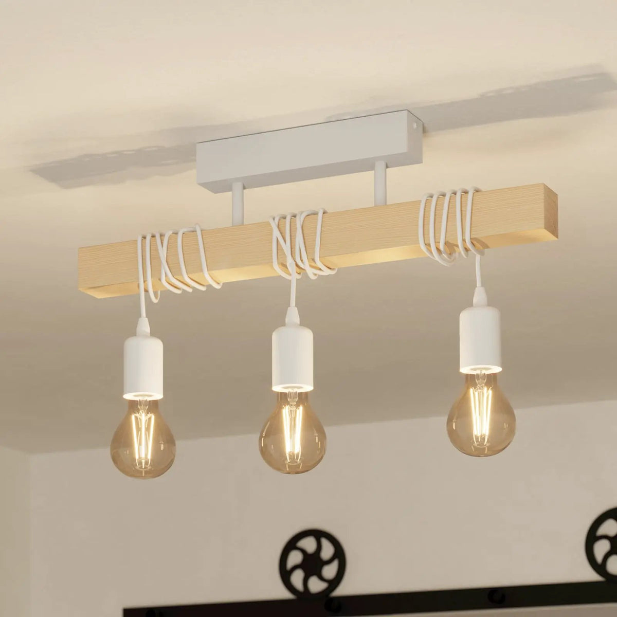 Townshend ceiling light, length 55 cm, white/oak, 3-bulb.