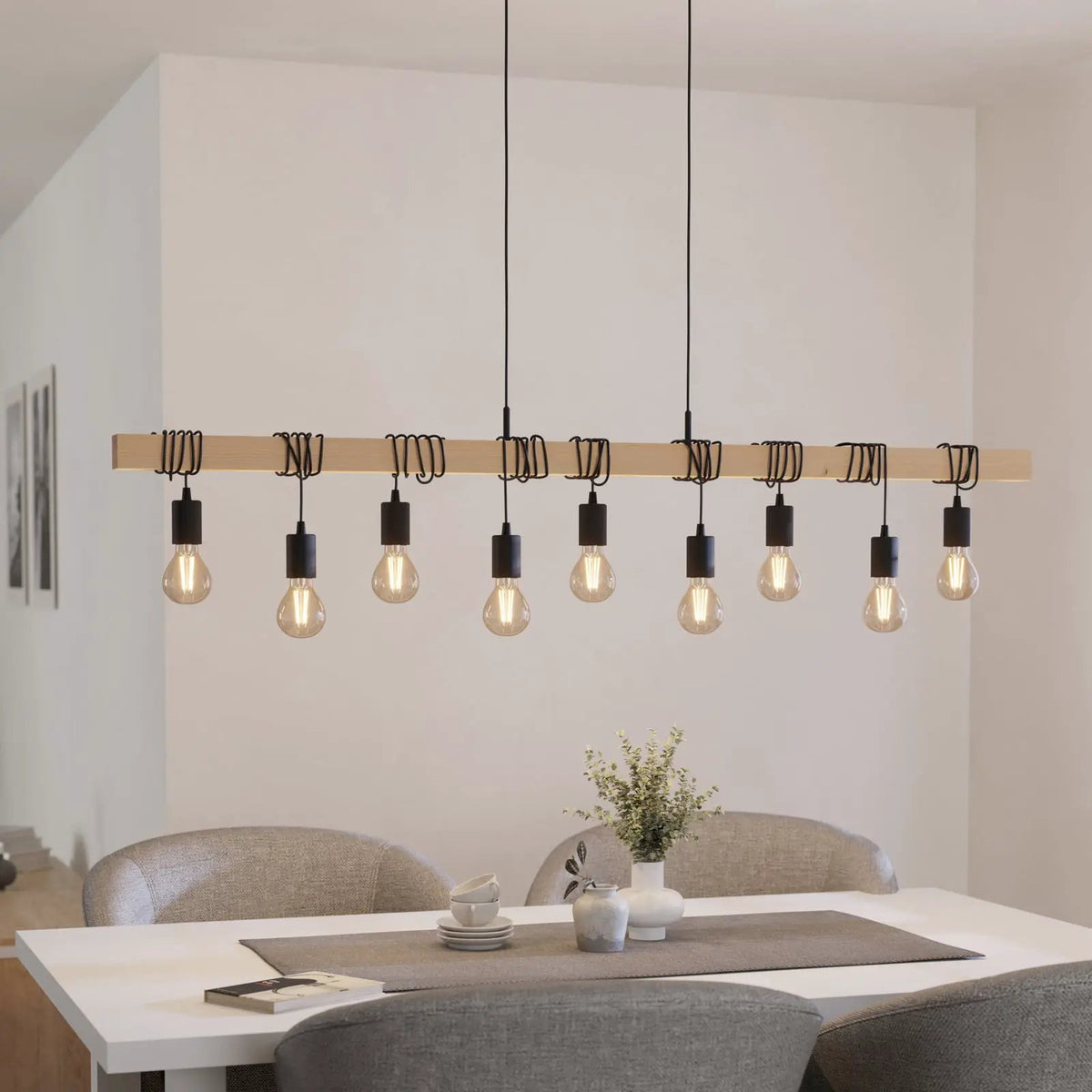 Townshend pendant light, length 150 cm, black/wood, 9-bulb.