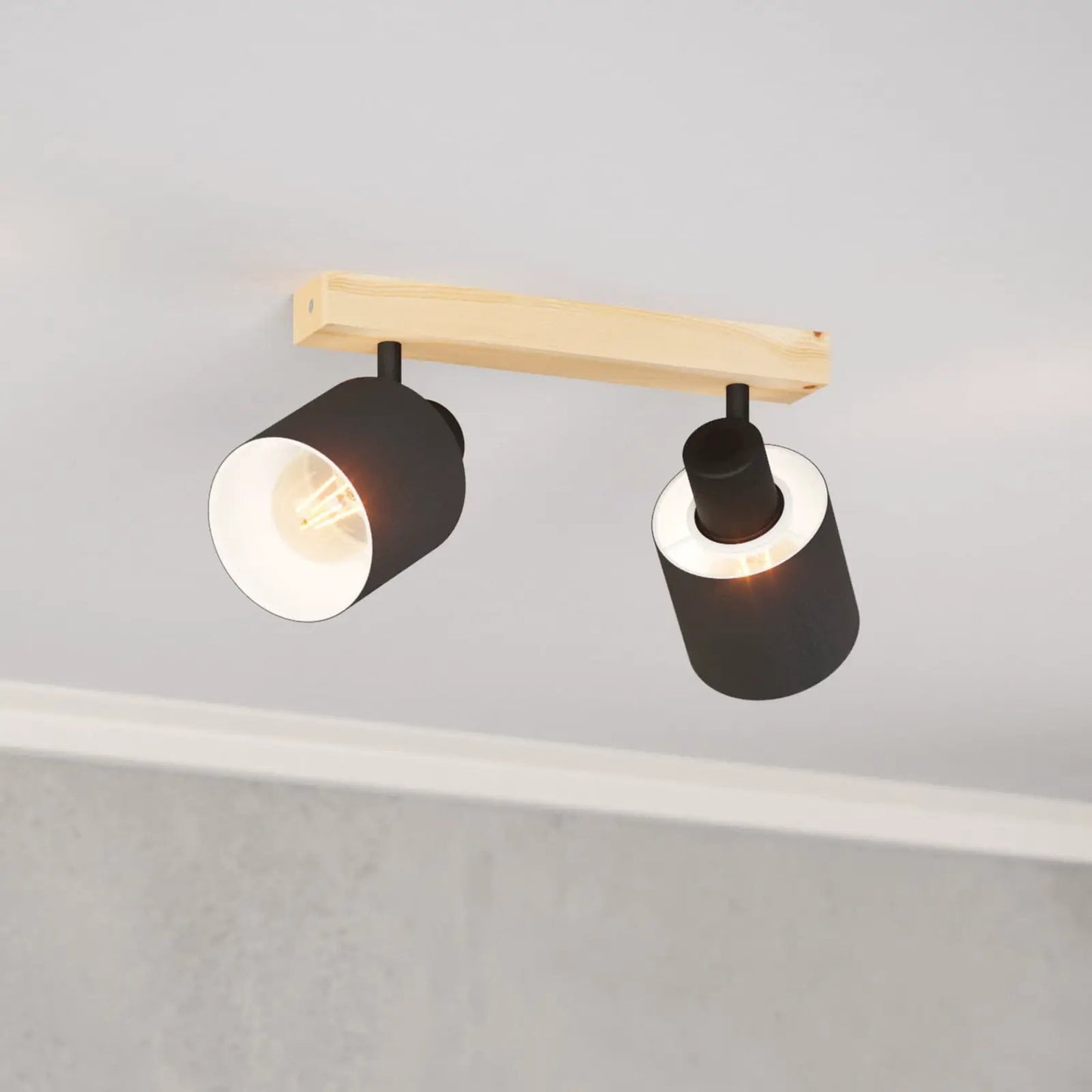 Batallas downlight, length 30 cm, black/wood, 2-bulb.