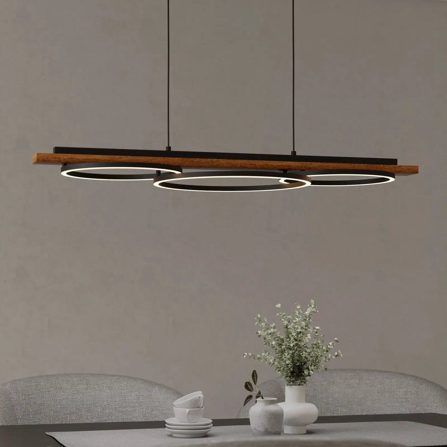 Boyal LED hanging light, brown, length 101 cm, wood, 3-bulb.