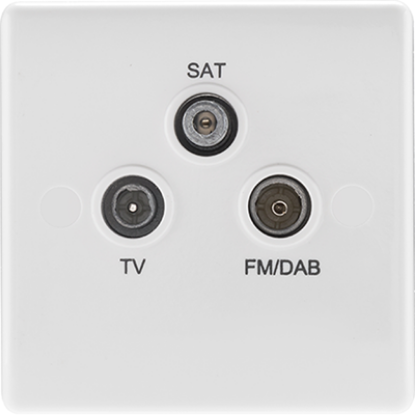 White 3 gang TV FM SAT triplex screened socket wall plate