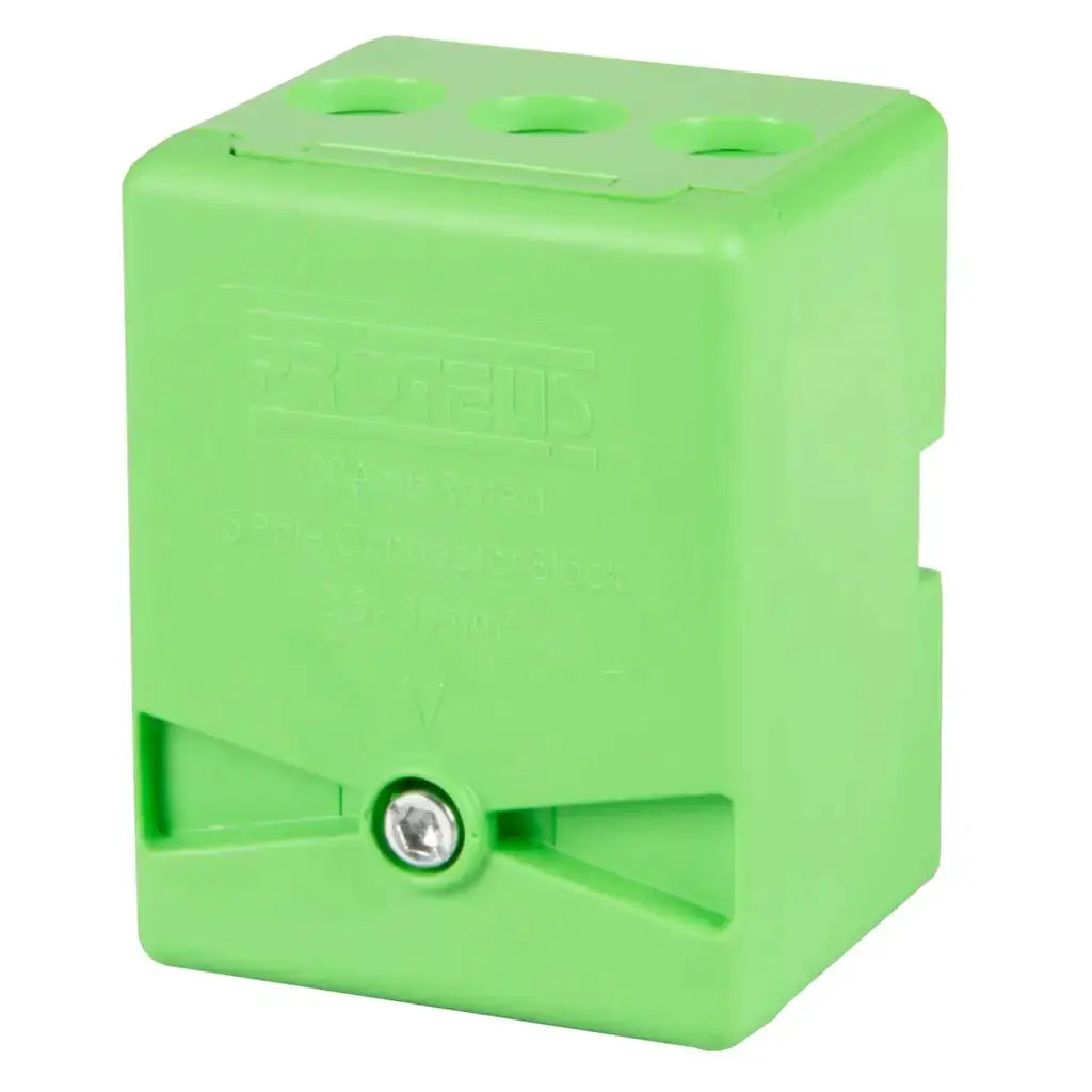 Green 5 pole electrical connector block with three cable entry holes and screw fastening