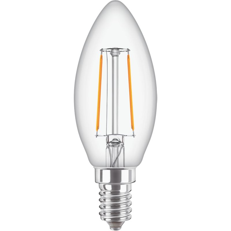 Clear LED candle light bulb B35 with E14 screw base and visible filament