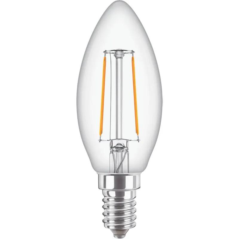 Clear LED candle light bulb B35 with E14 screw base and visible filament