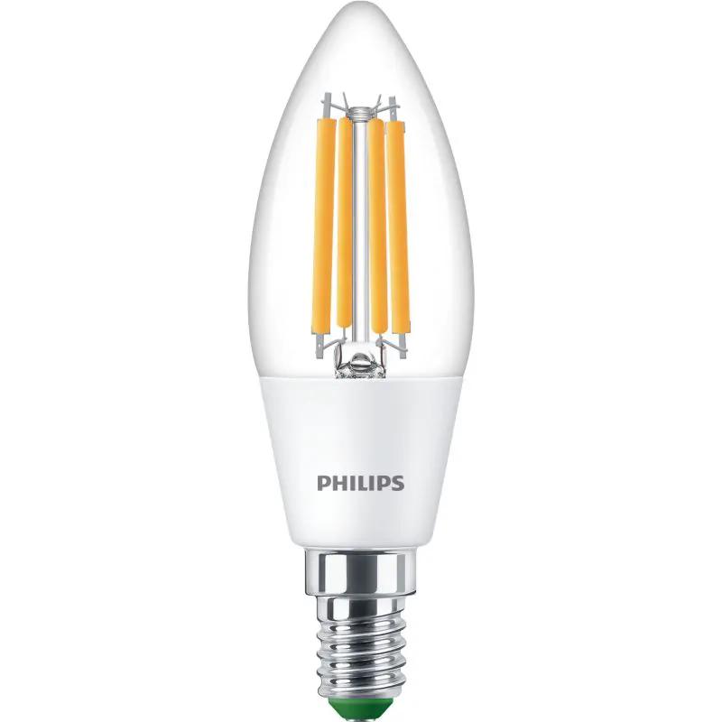 Candle LED light bulb with E14 screw cap and clear glass, suitable for home lighting.