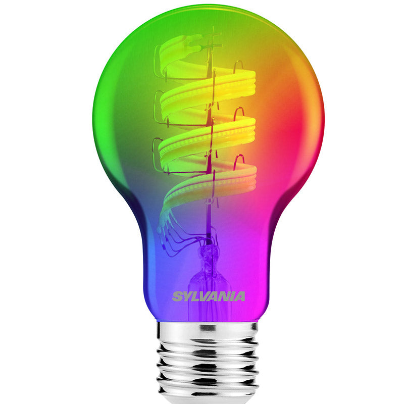 Smart LED light bulb with spiral filament and multicolor gradient glass