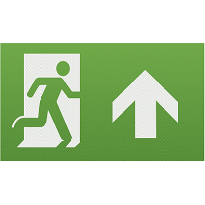 Green emergency exit sign with running man and upward arrow, safety lighting accessory