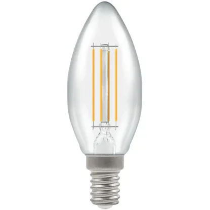 Clear LED candle bulb with filament, E14 screw base, 5W-40W dimmable, 2700K warm white