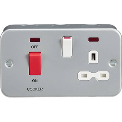 Metal clad 2-gang cooker switch and 13A switched socket with neons for UK electrical wiring