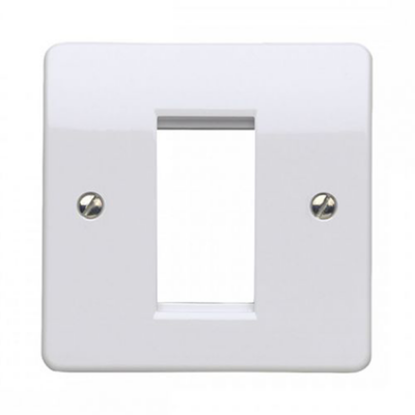 White 1 gang Euro module front plate with central rectangular cutout for electrical wiring