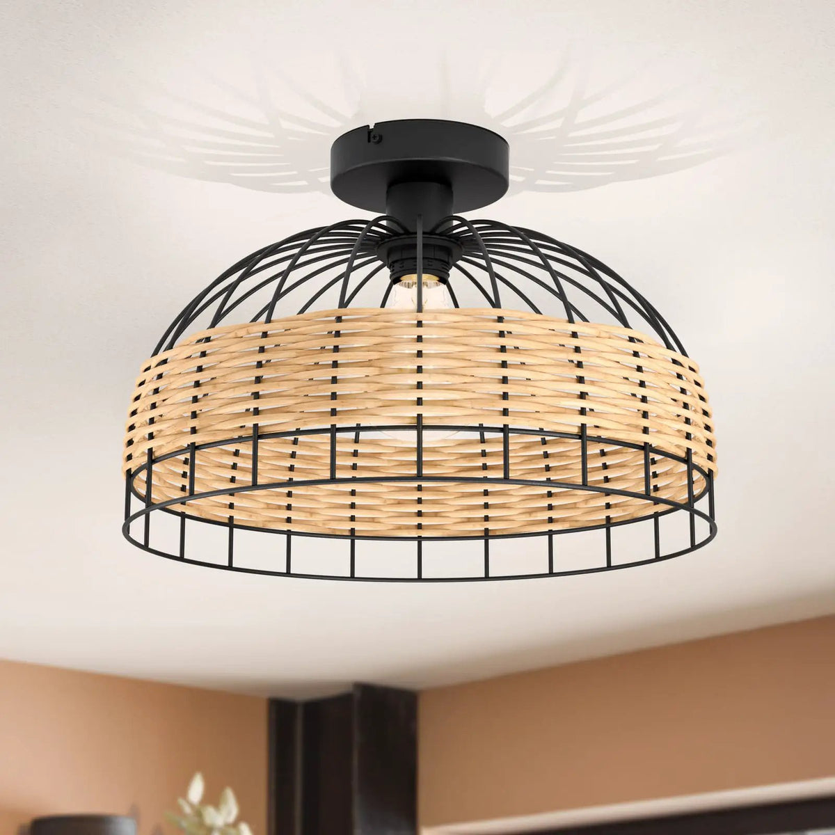 Anwick ceiling light, steel with rattan mesh