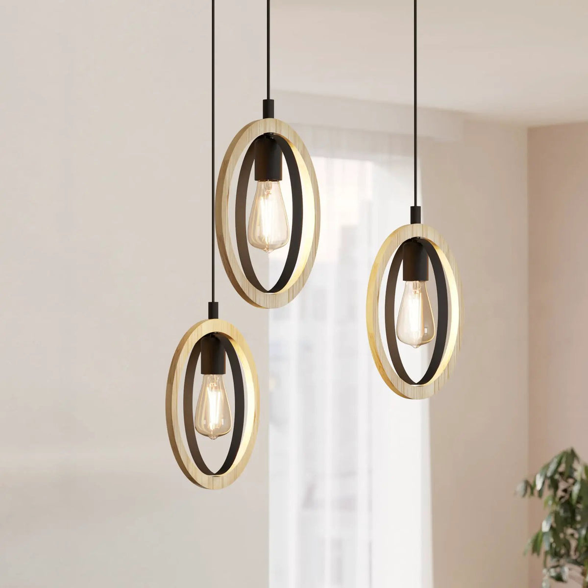 Basildon hanging light, wood details 3-bulb, rings