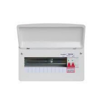 21-way SPD consumer unit with open lid and dual red switches, electrical accessories