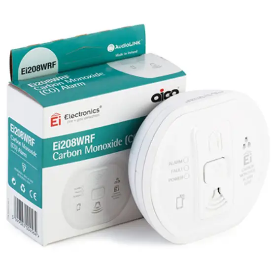 Ei208WRF carbon monoxide alarm with battery, shown with retail packaging, white device