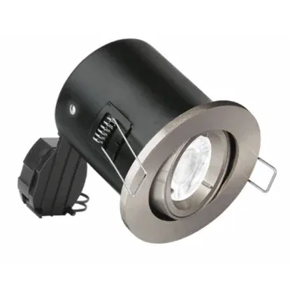 GU10 adjustable aluminium fire-rated downlight with satin nickel finish, wiring attached