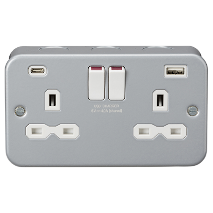 Metal clad 2 gang 13A switched socket with dual USB ports for UK electrical wiring