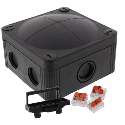 Black electrical junction box with cable entry points and connector accessories