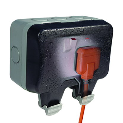 Weatherproof double pole switched socket outlet with plug connected, outdoor use