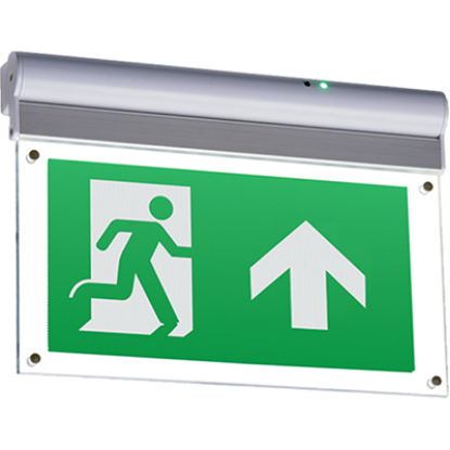 LED emergency exit sign with running man and arrow, wall or ceiling mounted, green background