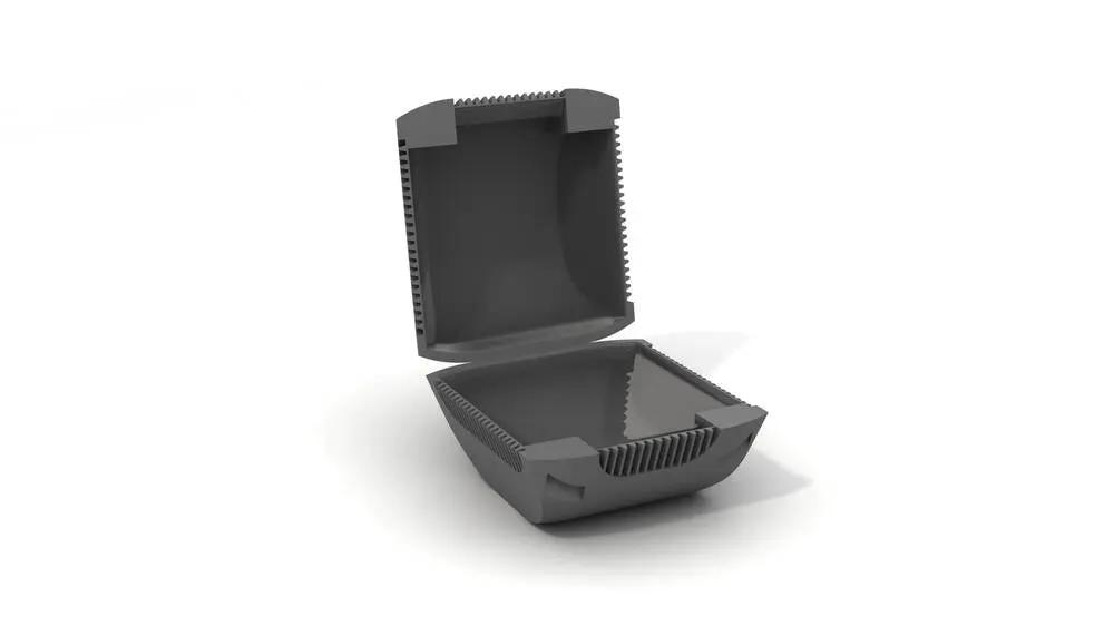Open black plastic electrical enclosure box for wiring accessories on white background