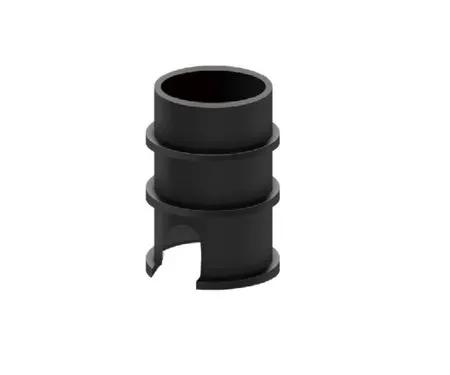 Black plastic electrical lighting conduit fitting with three ridges on white background