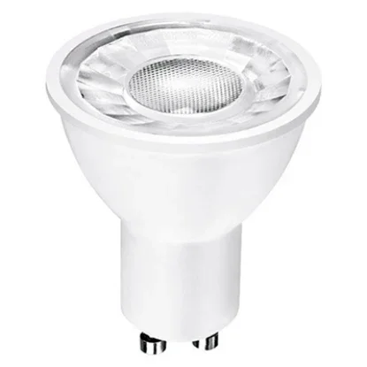 Dimmable GU10 LED light bulb 5W, warm white, with two-prong base on white background