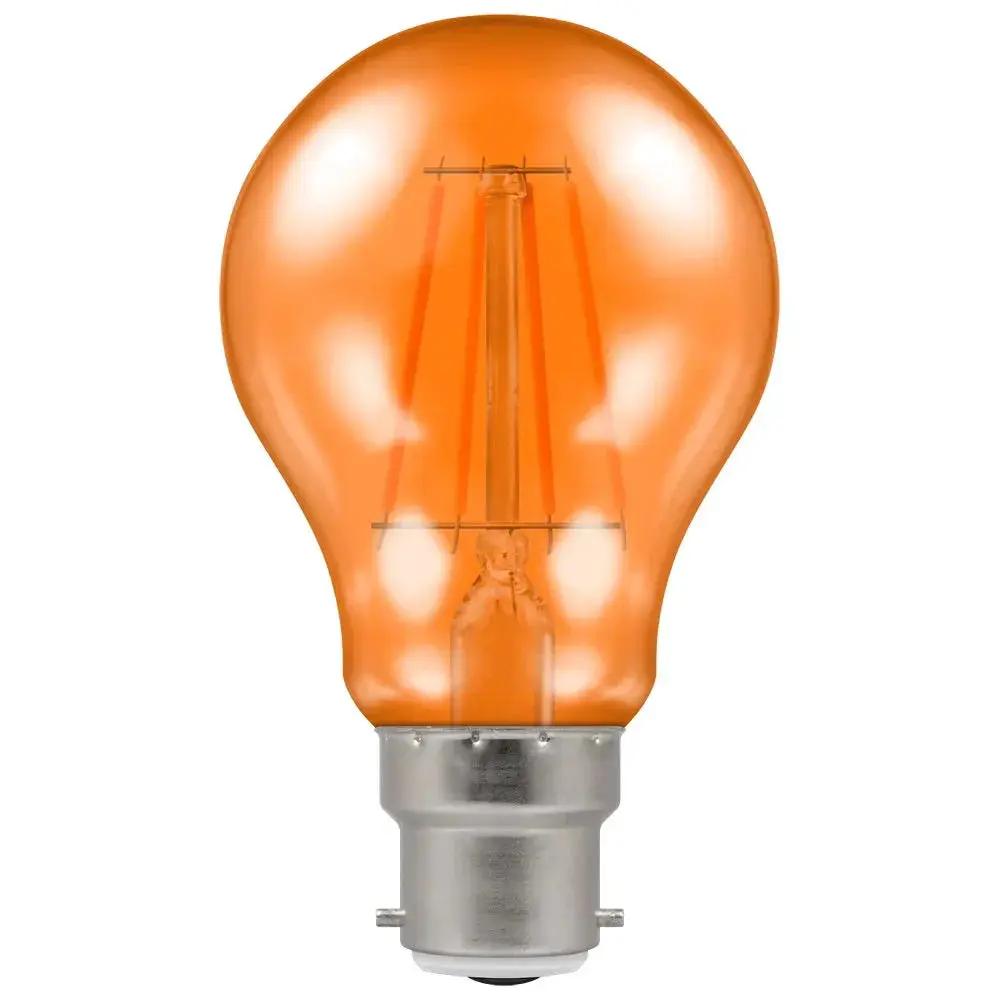 Orange filament LED light bulb with bayonet cap fitting for home or business lighting