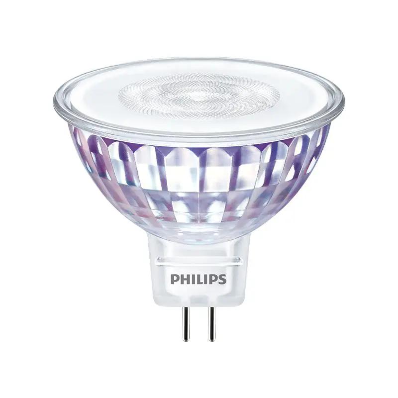 LED spotlight bulb GU5.3 MR16 clear glass with pronged base, close-up product photo