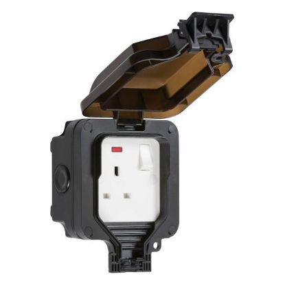 Black single gang outdoor switched socket with neon indicator and protective cover
