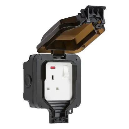 Black single gang outdoor switched socket with neon indicator and protective cover