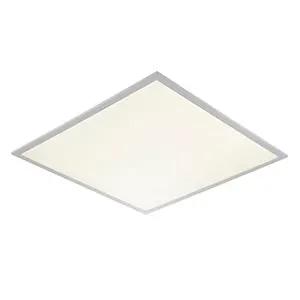 Square LED ceiling panel light with slim silver frame for modern indoor lighting.