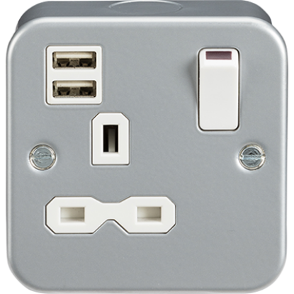 Metal-clad 13A single switched socket with dual USB charger, wall-mounted, UK wiring accessory