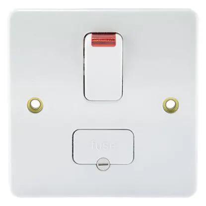 Double pole switched fused spur with neon indicator, white finish, electrical wiring accessory