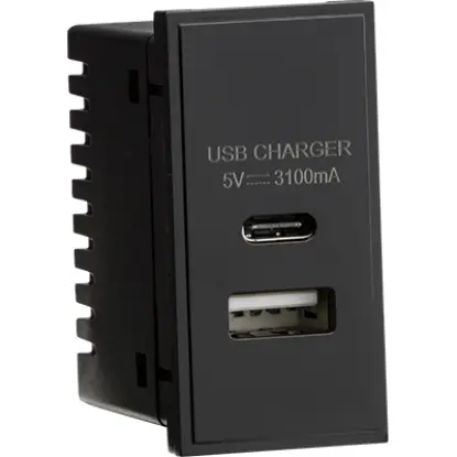 Black dual USB charger module with Type-A and Type-C ports, 5V 3.1A output