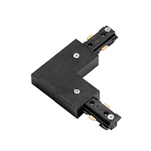 Black L-shaped track lighting connector for electrical lighting installation