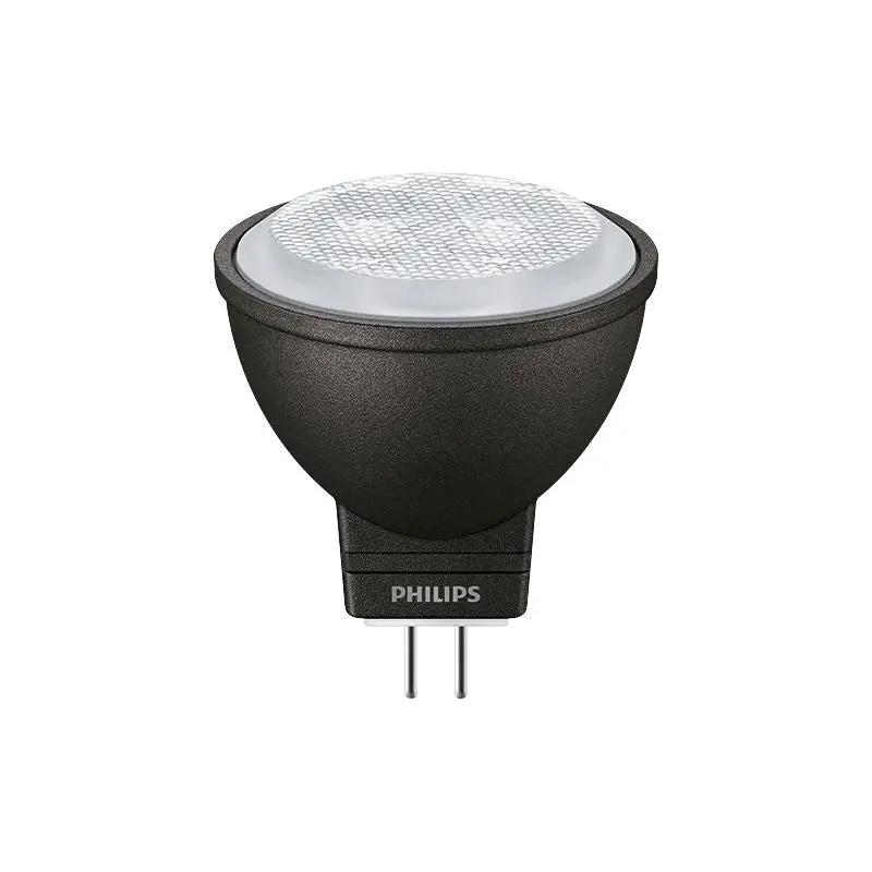 Black GU4 MR11 LED spotlight bulb with Philips branding, energy-efficient lighting