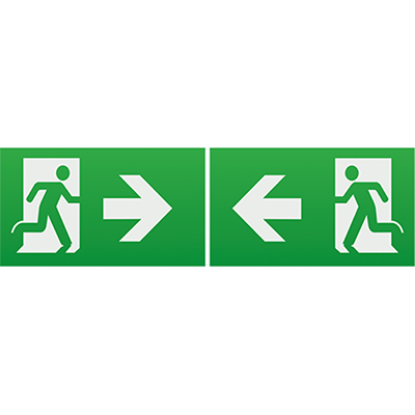 Green emergency exit signs with running man and left right facing arrows, safety signage.