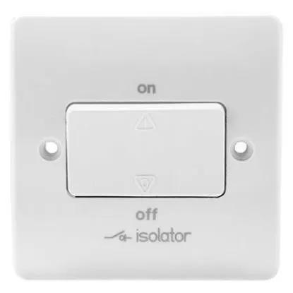 Triple pole fan isolator switch for electrical wiring, white wall-mounted unit