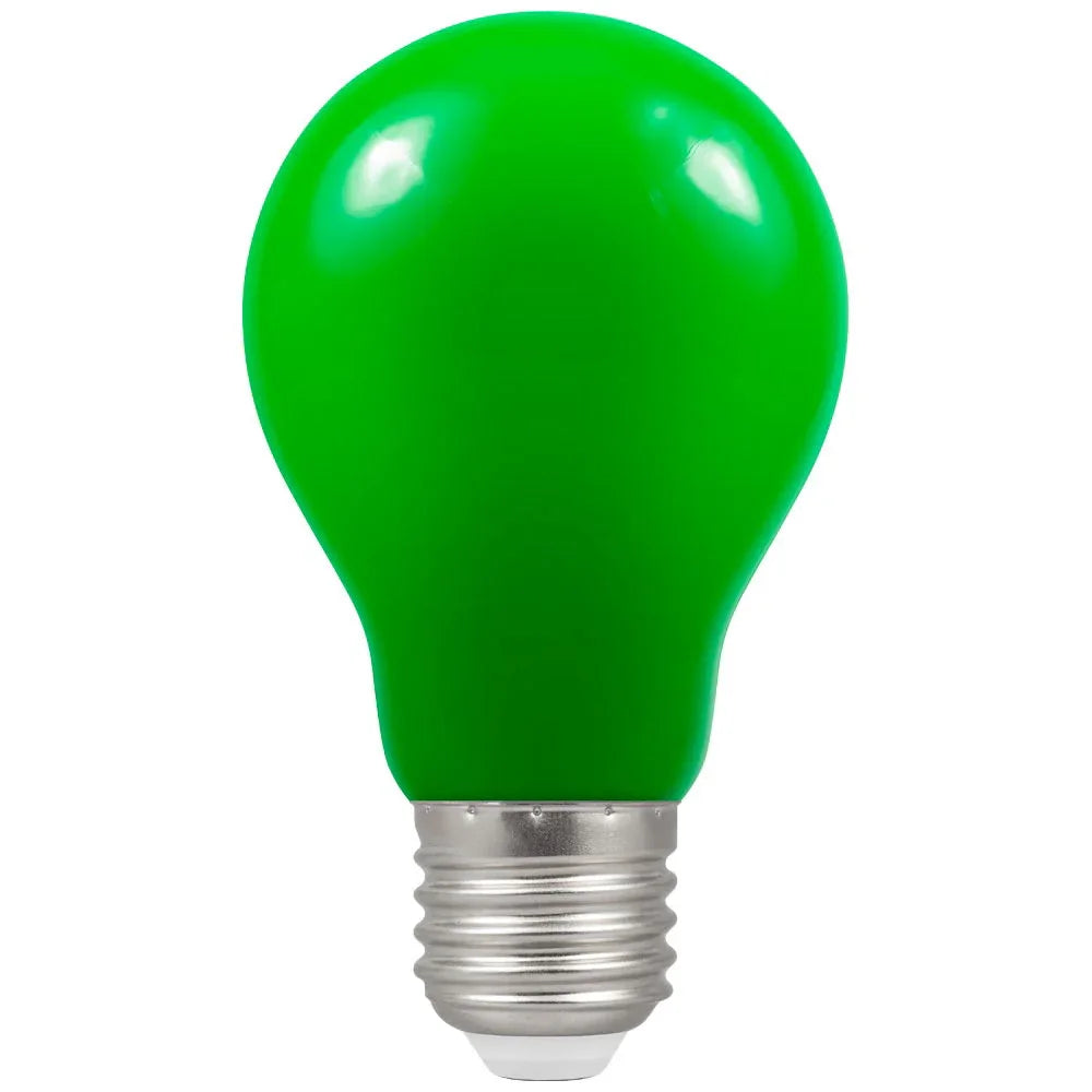 Green LED light bulb with Edison screw base on white background