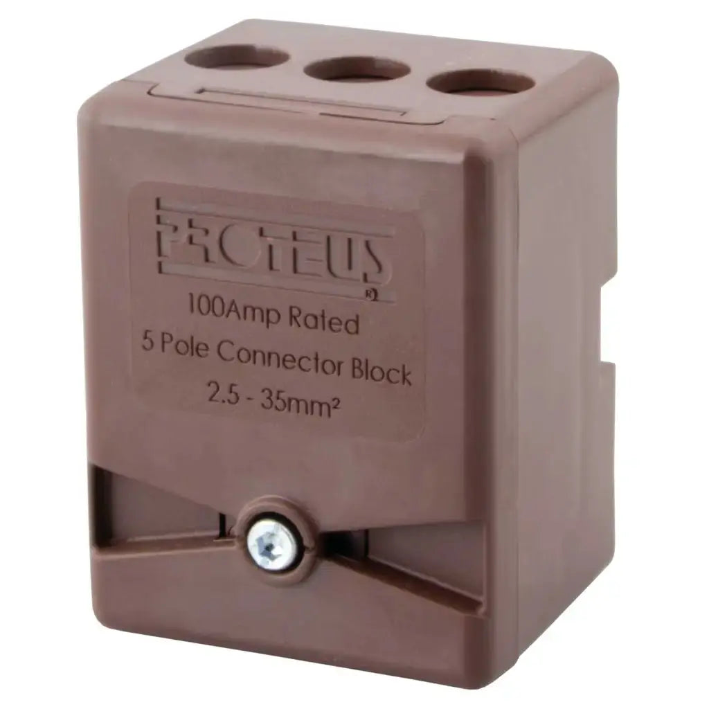100A 5 pole connector block for electrical wiring, brown plastic housing, three cable entry holes