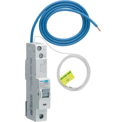 Single pole 32A B-curve RCBO circuit breaker with attached blue and white wiring