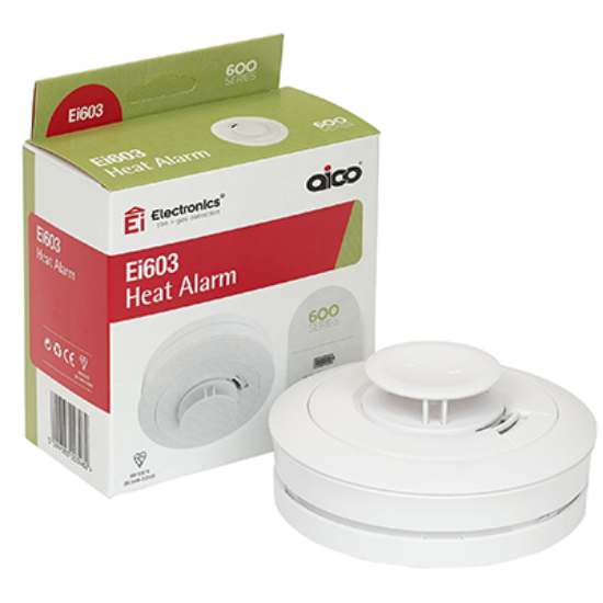 Ei603 heat alarm with packaging, white battery-operated fire safety device for homes