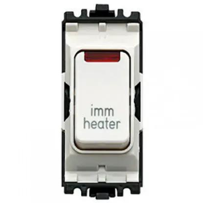 Double pole 20A grid switch with neon indicator, marked 'imm heater', white and black design